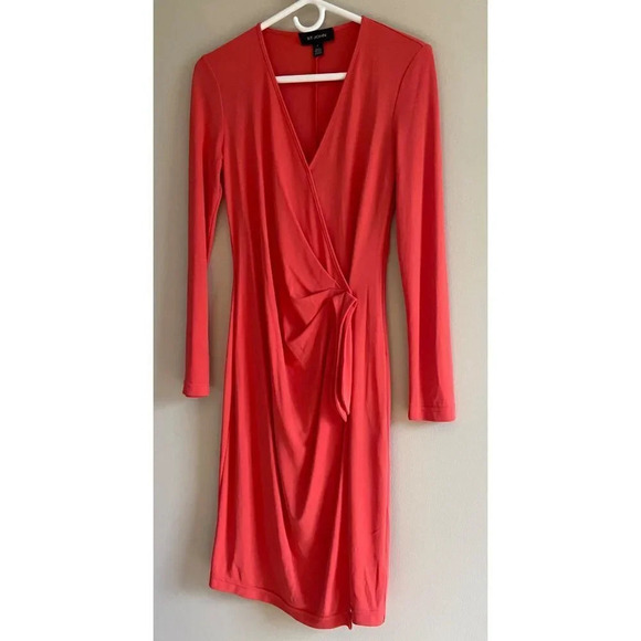 St. John Collection V-Neck Faux Wrap Midi Dress Coral/Orange Size 2 - Picture 3 of 15